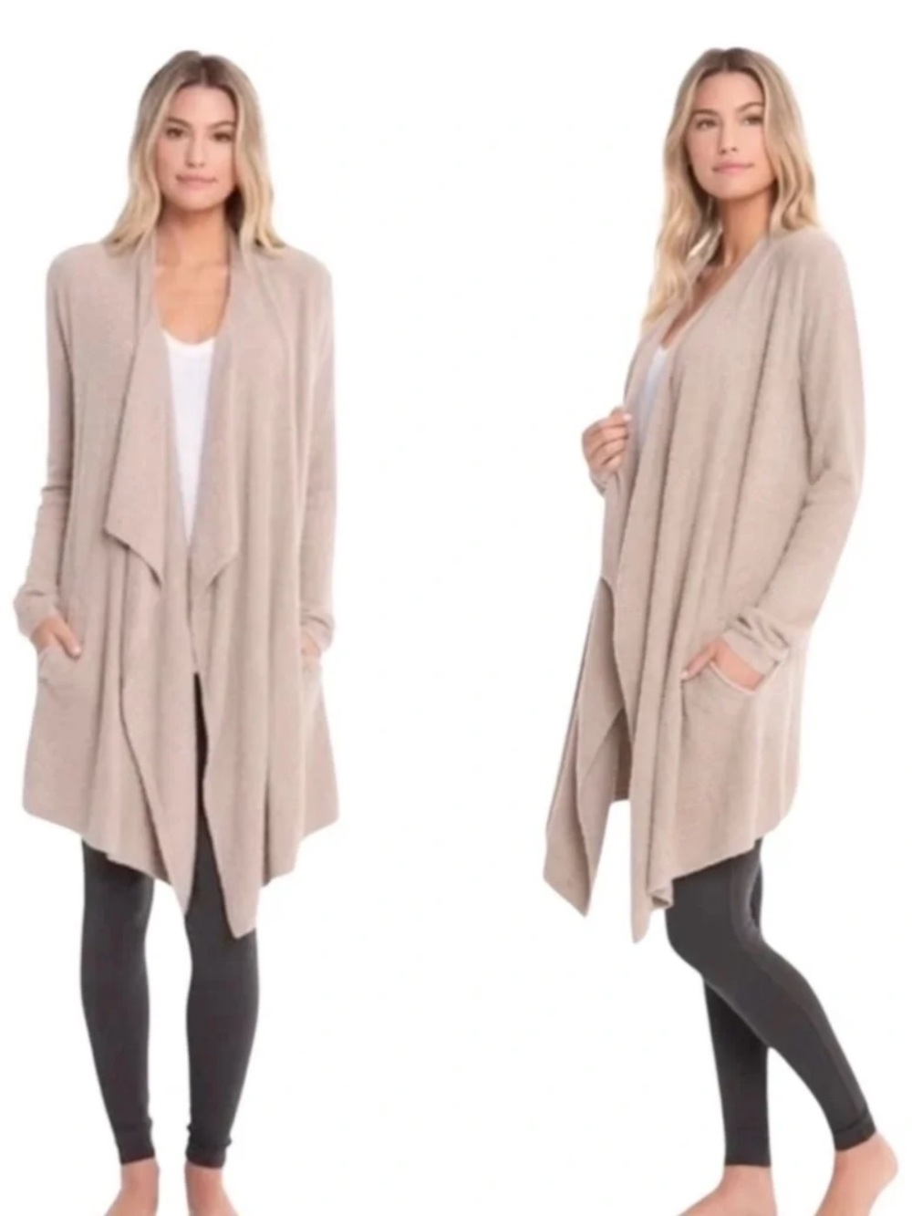 Barefoot Dreams Light Beige Draped Open-Front Women's Cardigan